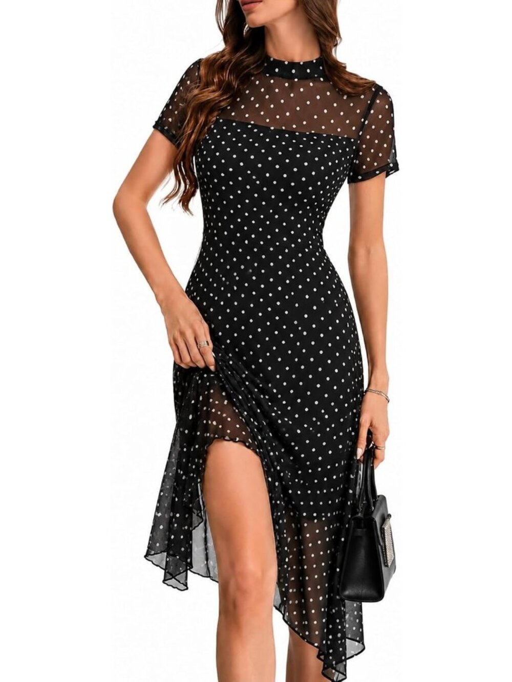 Women's Polka Dot Print Short Sleeve Floral Mesh Elegant Vintage Hem Midi Dress